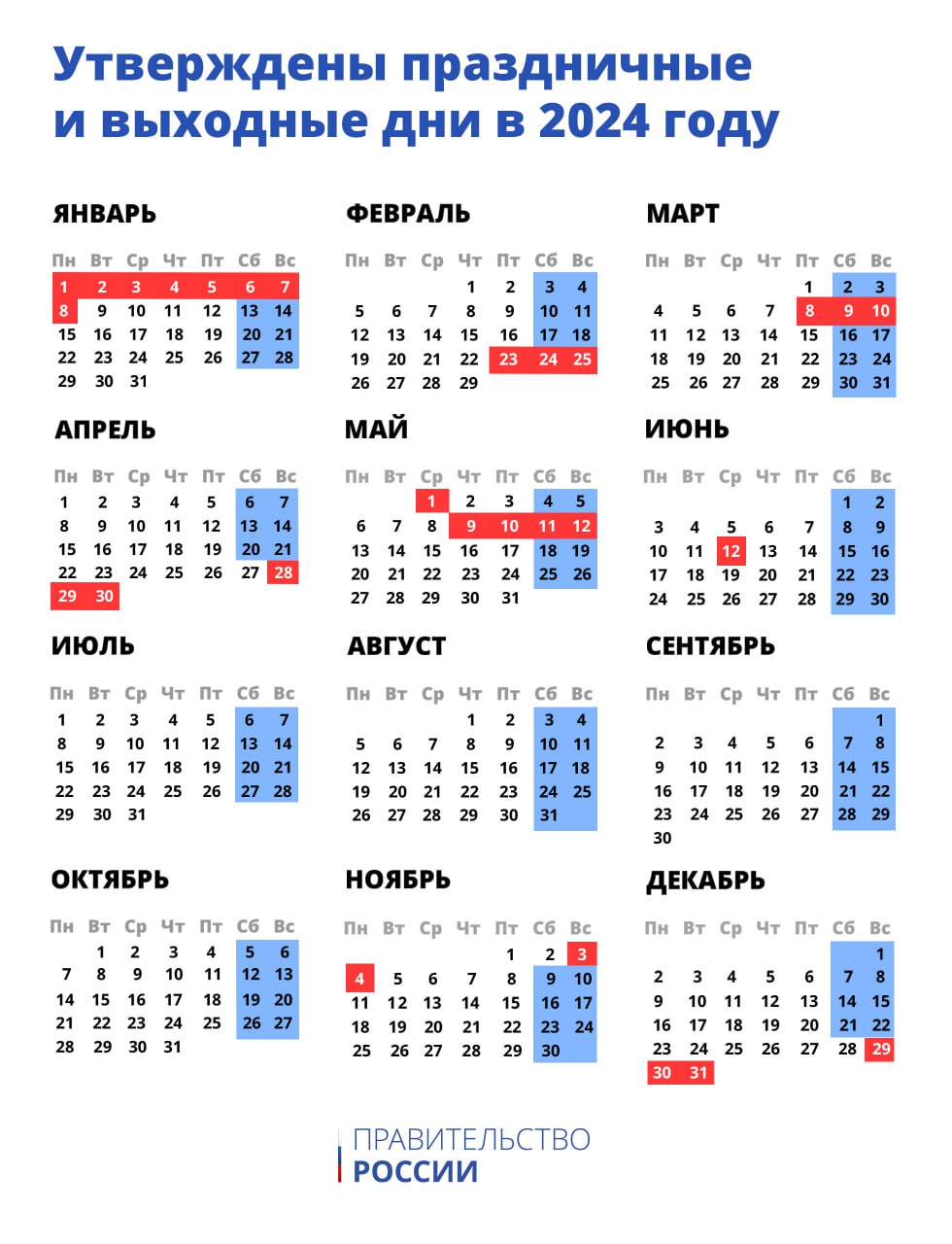 праздничные дни в 2024 календарь утвержденный правительством